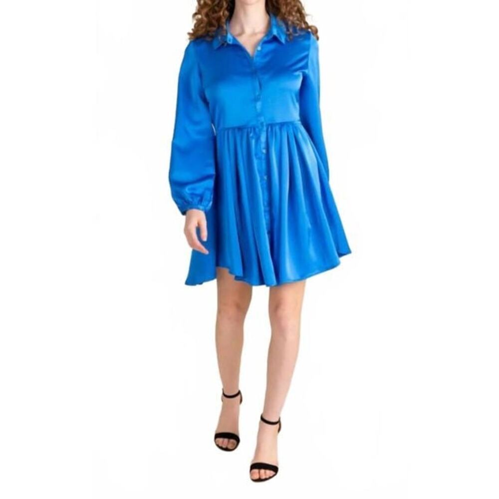 S'edge Calista Cobalt Blue Satin Button Up Mini Shirt Dress sz  XS new $225
